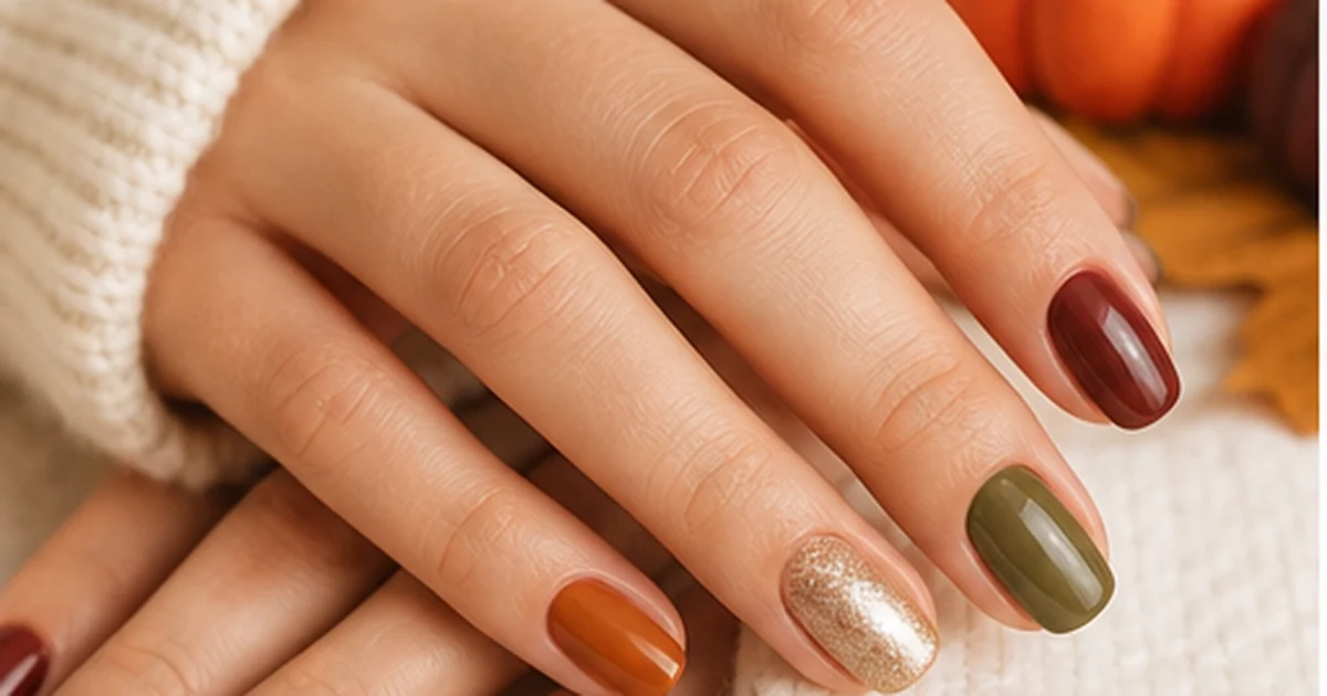 Manicura de otoño con tonos burdeos, oliva, cobre y nude sobre mesa clara