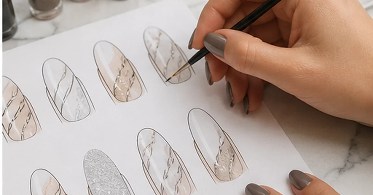 Diseños dibujados para uñas largas con muestras de mármol y brillo fino