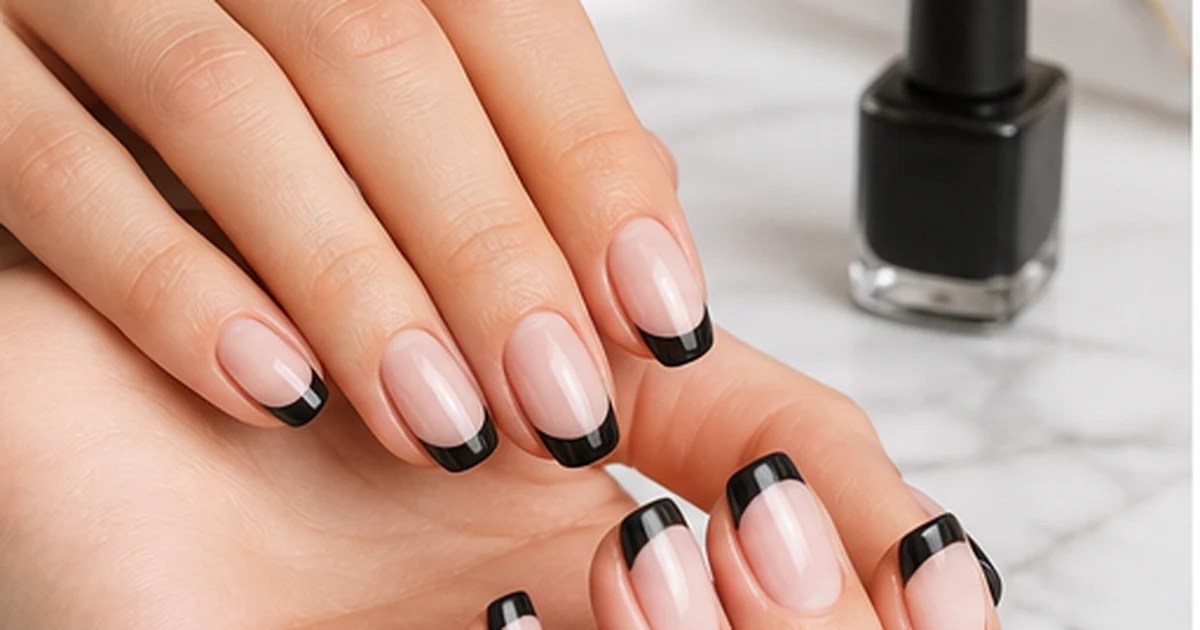 Manicura francesa negra sobre base nude con acabado brillante