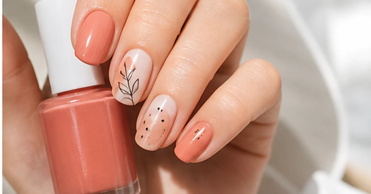 Uñas color salmon decoradas con detalle fino y esmalte coral suave